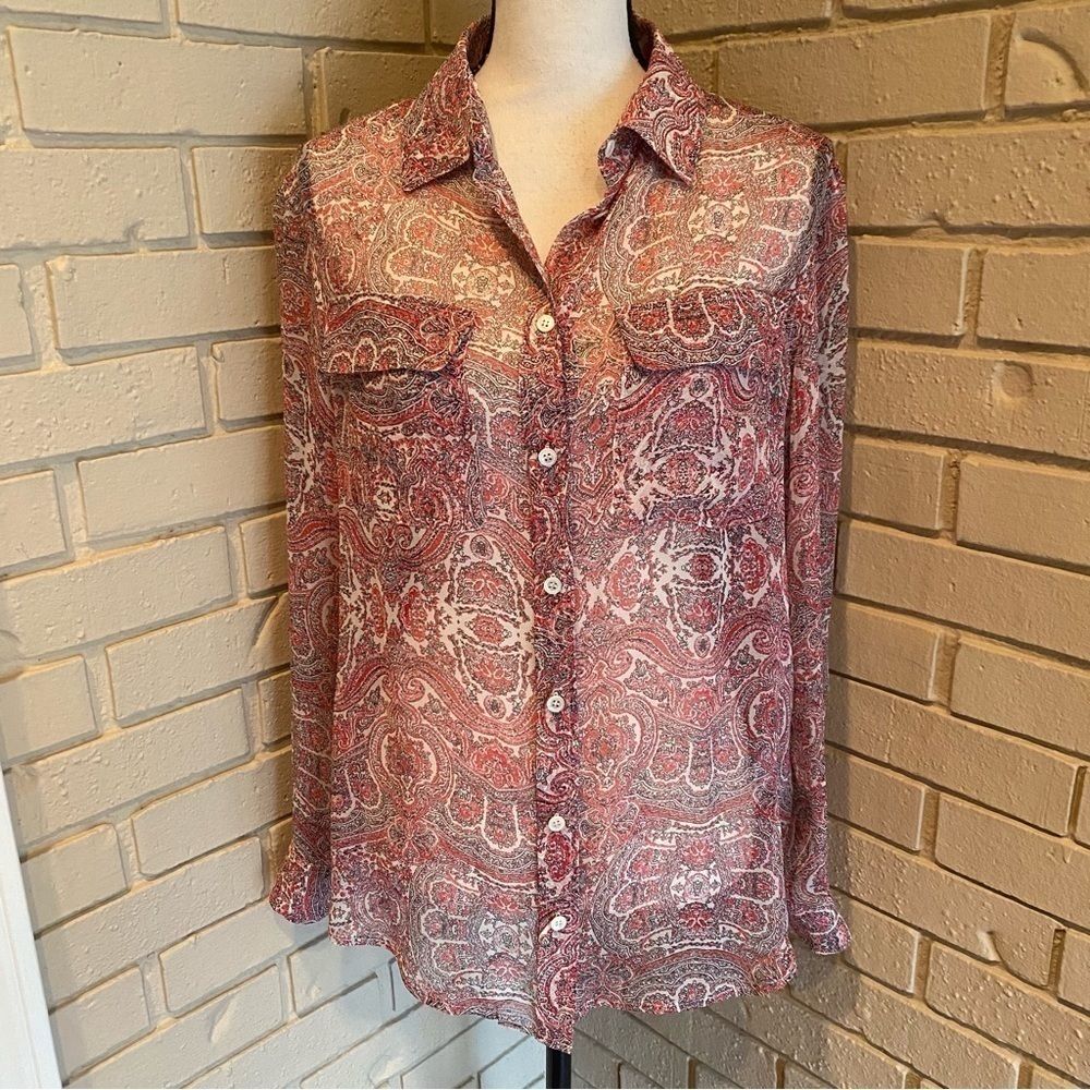 100% Silk EQUIPMENT FEMME Small S Red White Floral Paisley Sheer Blouse Top